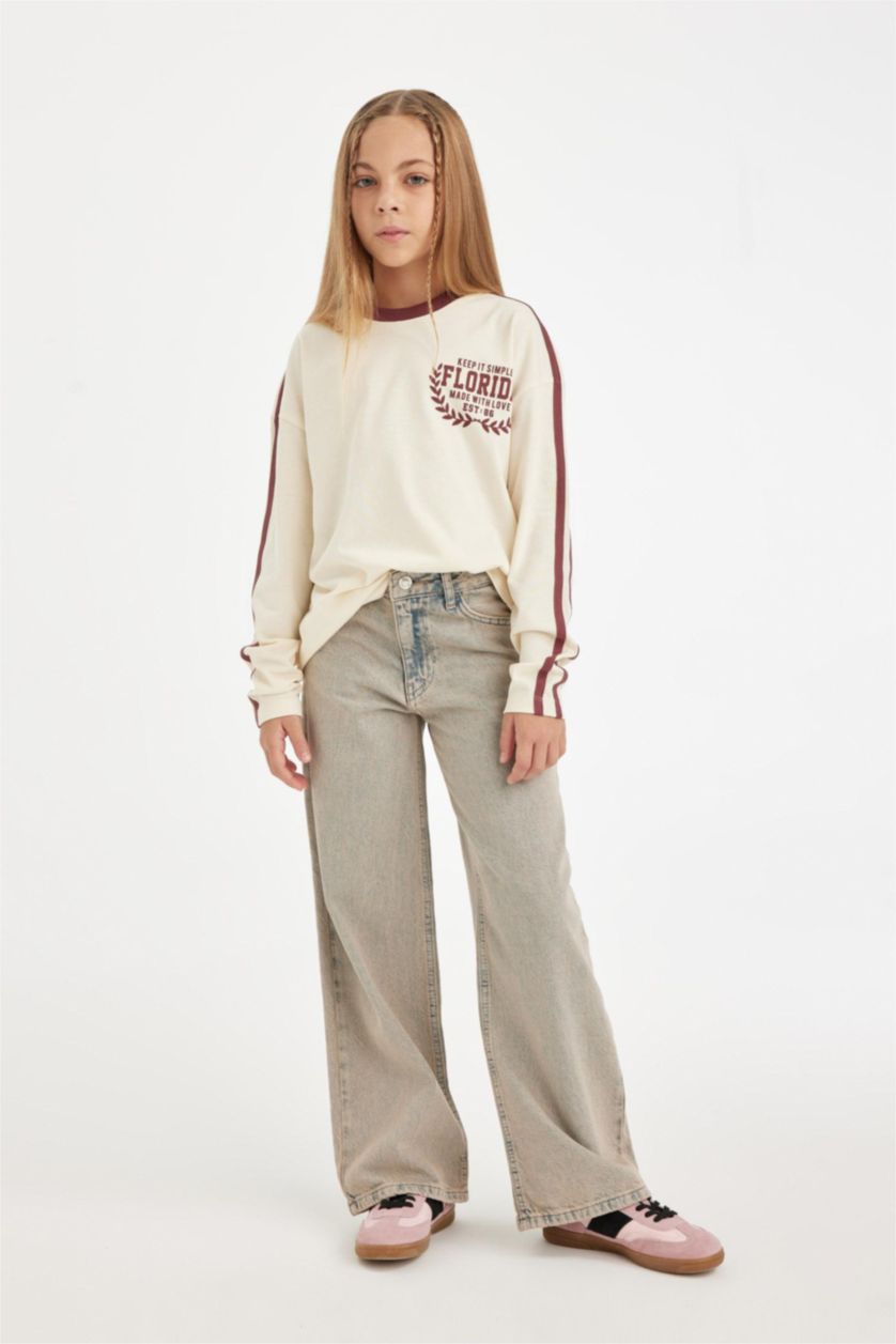 بناتي أزرق فاتح بنطلون وايد ليج برجل واسع بجيب