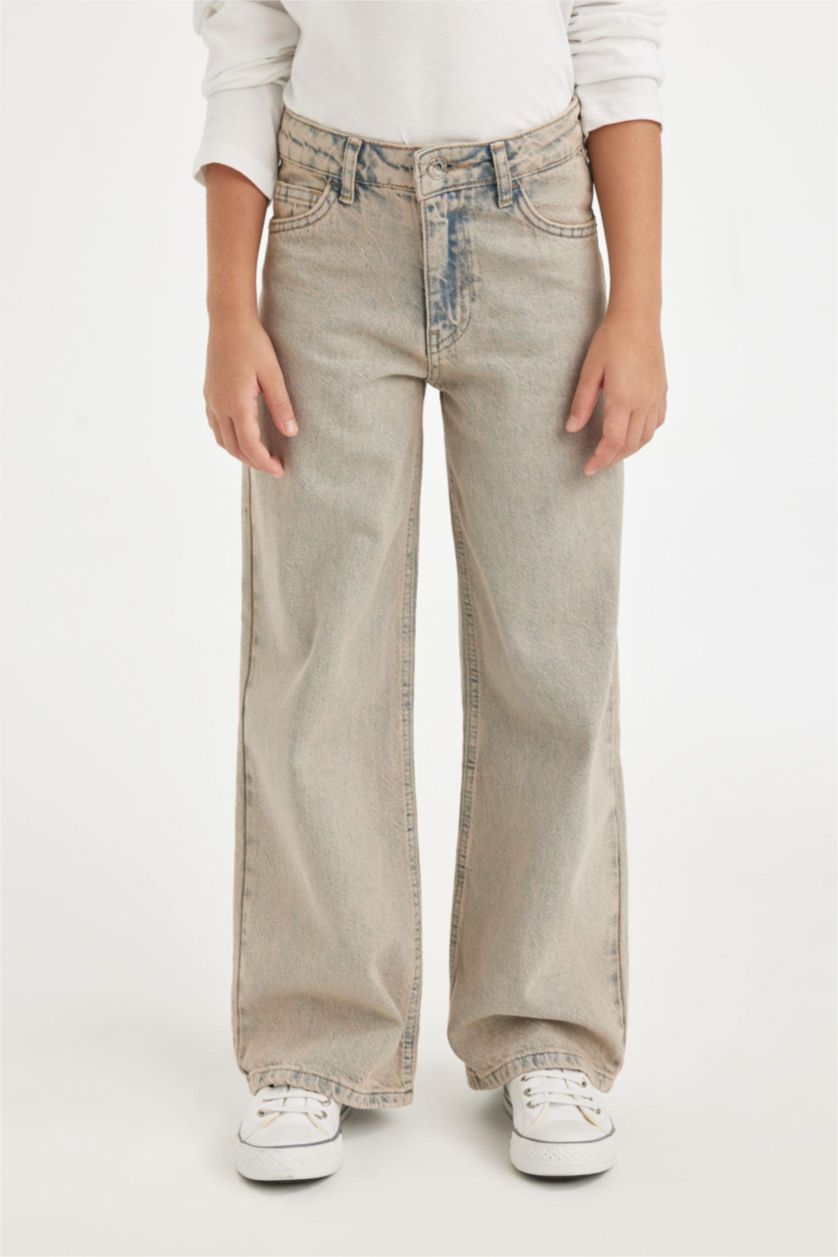 بناتي أزرق فاتح بنطلون وايد ليج برجل واسع بجيب