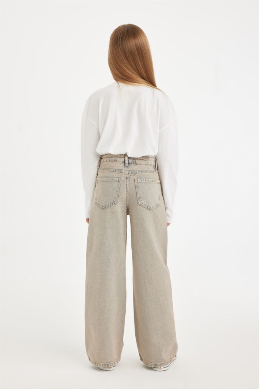 بناتي أزرق فاتح بنطلون وايد ليج برجل واسع بجيب