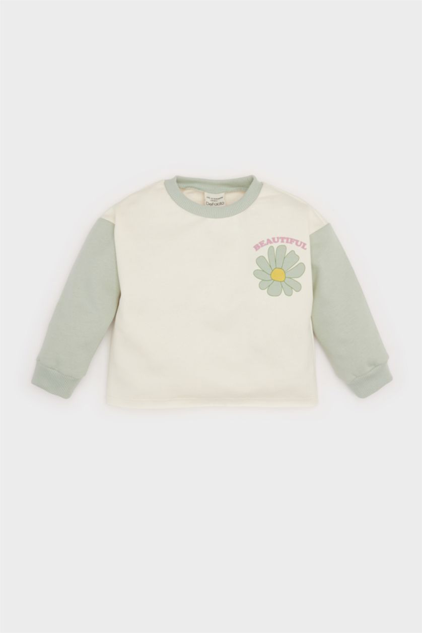 طفلة صغيرة بيج فاتح سويت شيرت زهري قصة عادية برقبة مستديرة ببطانة ناعمة للبيبي بنت