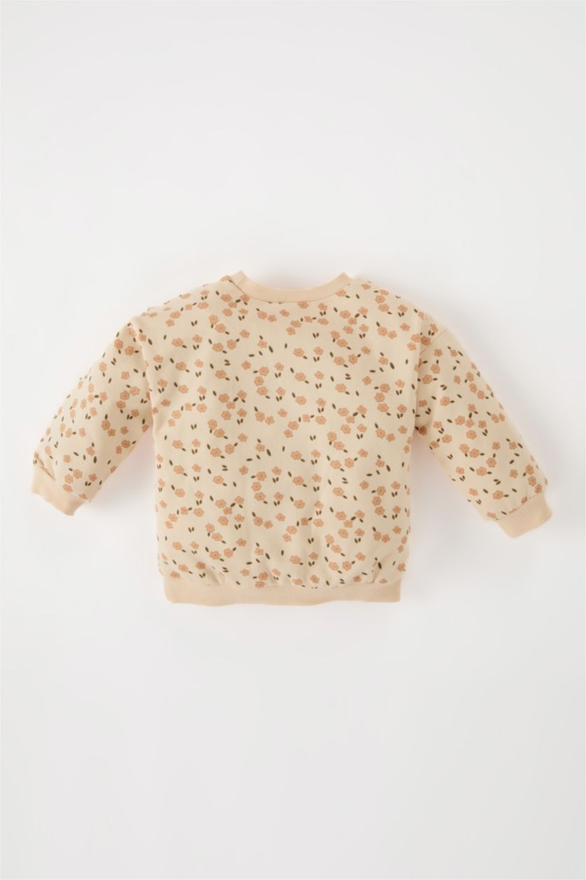 طفلة صغيرة اللون الرملي سويت شيرت فلورال قصة عادية بياقة مستديرة ببطانة ناعمة