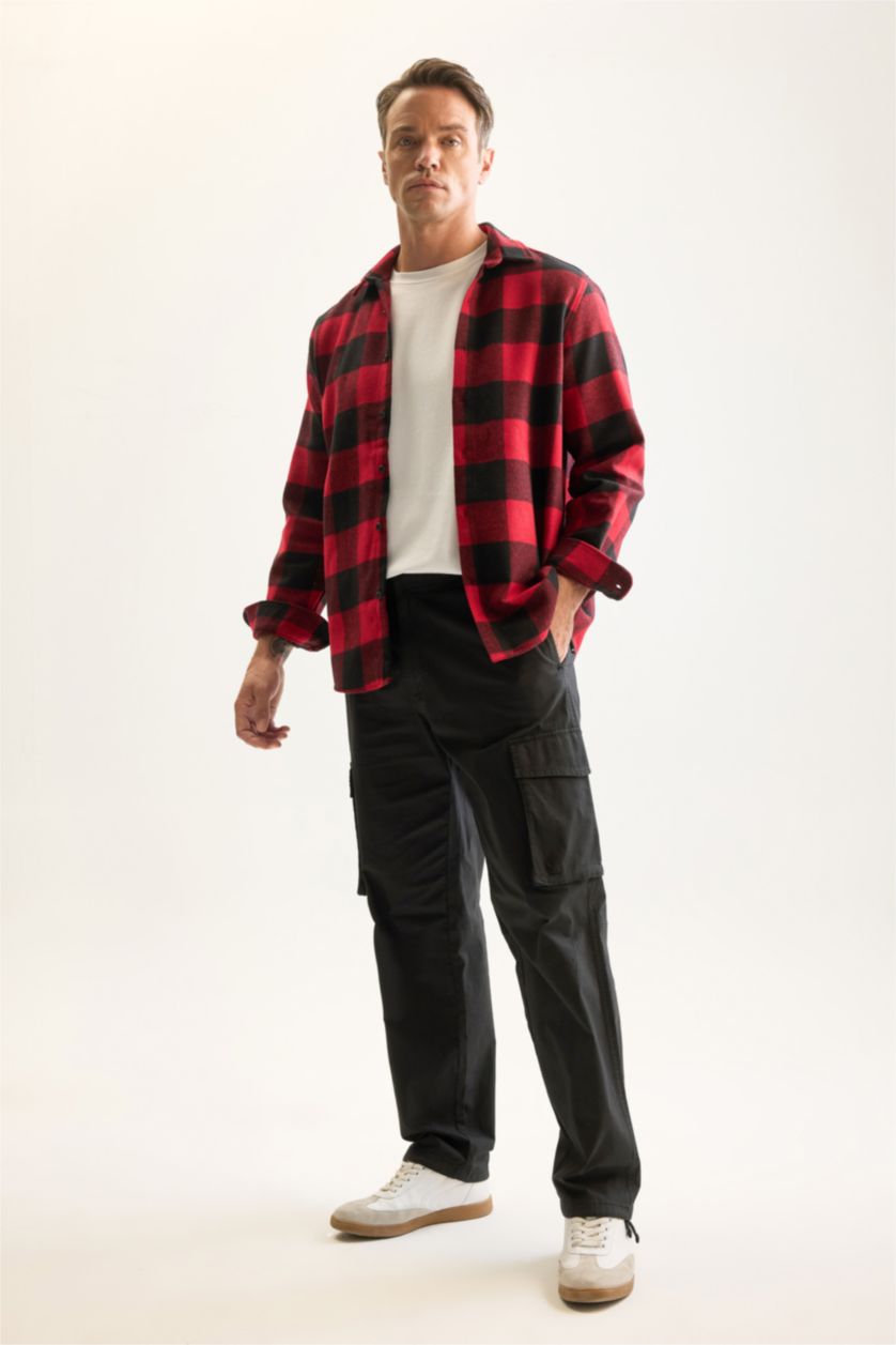 Erkek Kırmızı Regular Fit Polo Yaka Kareli Oduncu Flanel Uzun Kollu Gömlek