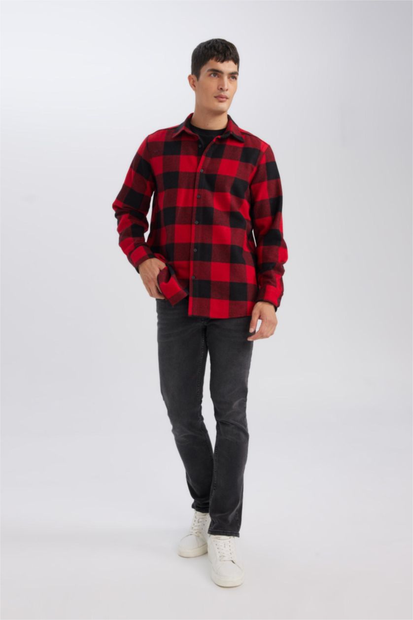 Erkek Kırmızı Regular Fit Polo Yaka Kareli Oduncu Flanel Uzun Kollu Gömlek