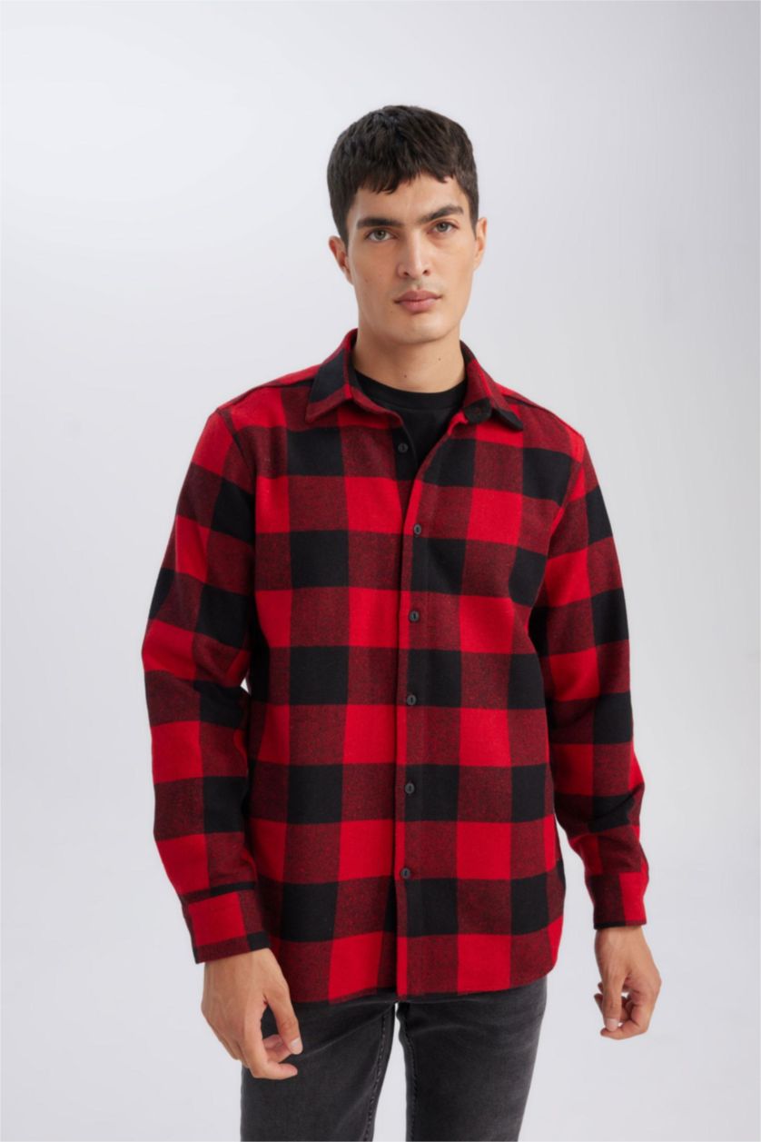 Erkek Kırmızı Regular Fit Polo Yaka Kareli Oduncu Flanel Uzun Kollu Gömlek
