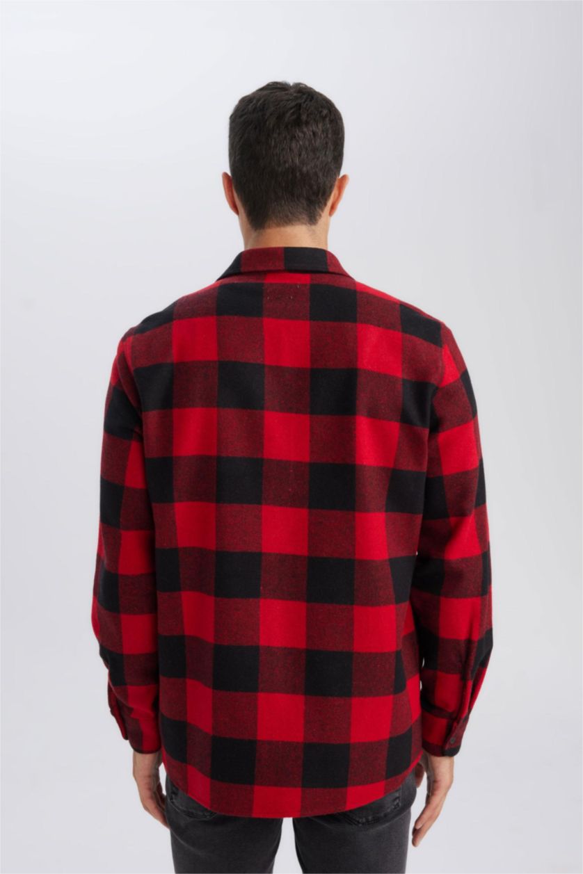 Erkek Kırmızı Regular Fit Polo Yaka Kareli Oduncu Flanel Uzun Kollu Gömlek