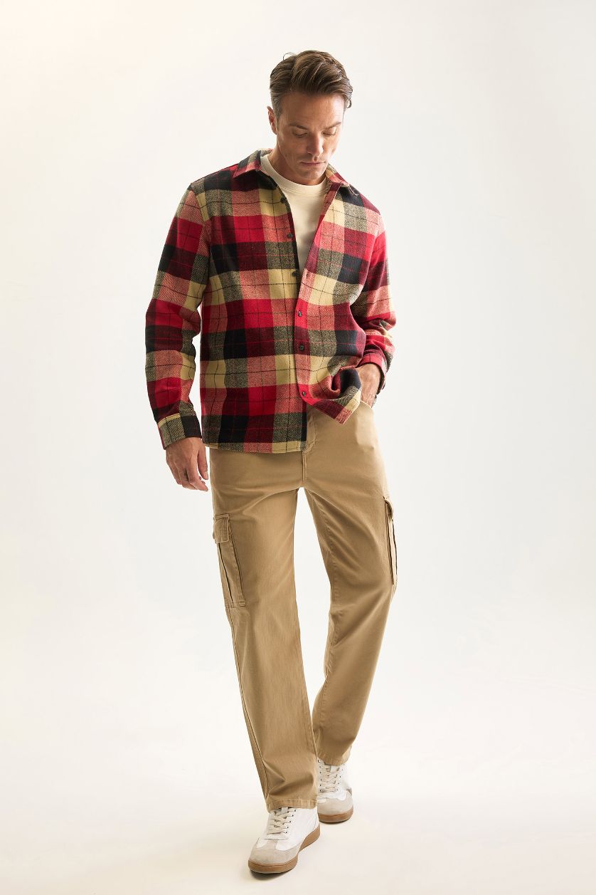 Erkek Bordo Regular Fit Polo Yaka Kareli Oduncu Flanel Uzun Kollu Gömlek