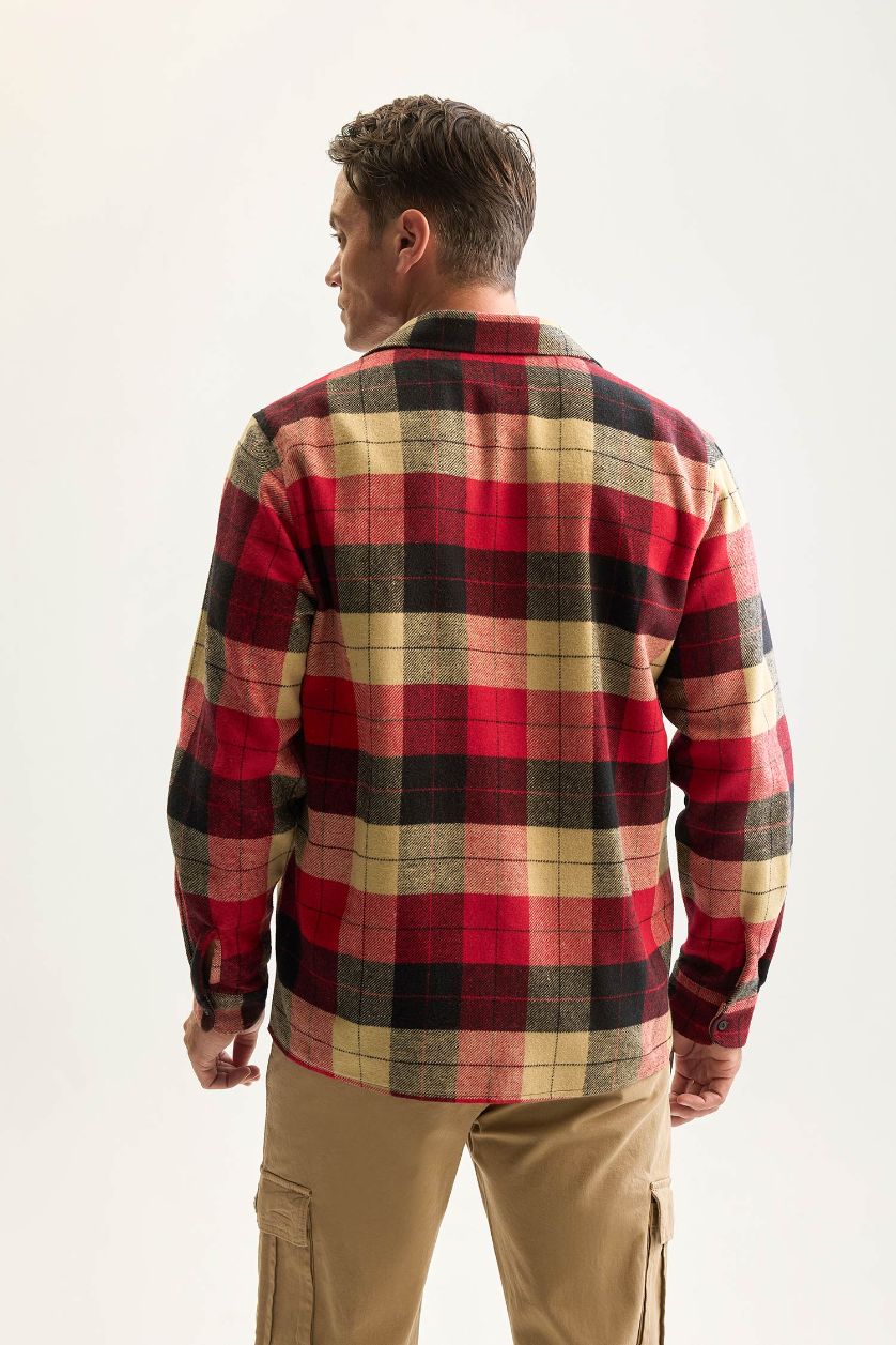 Erkek Bordo Regular Fit Polo Yaka Kareli Oduncu Flanel Uzun Kollu Gömlek