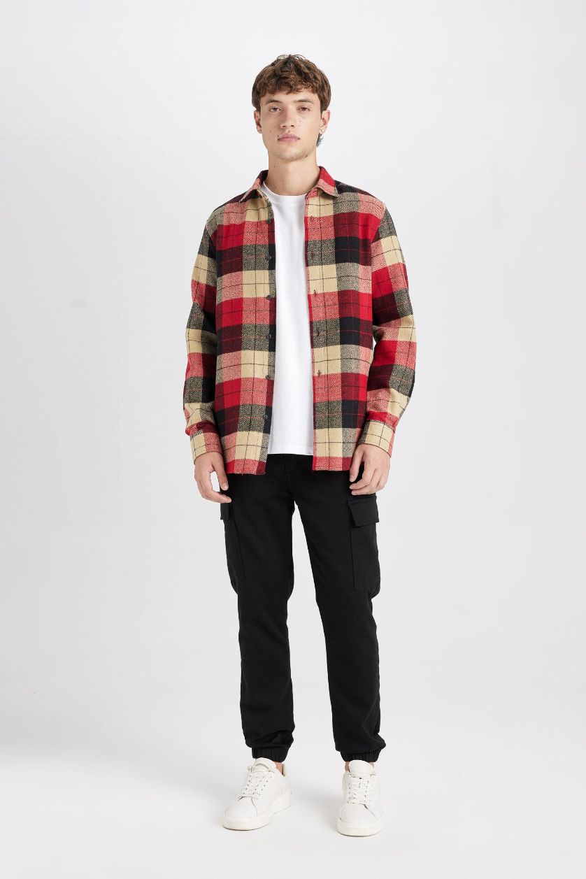 Erkek Bordo Regular Fit Polo Yaka Kareli Oduncu Flanel Uzun Kollu Gömlek