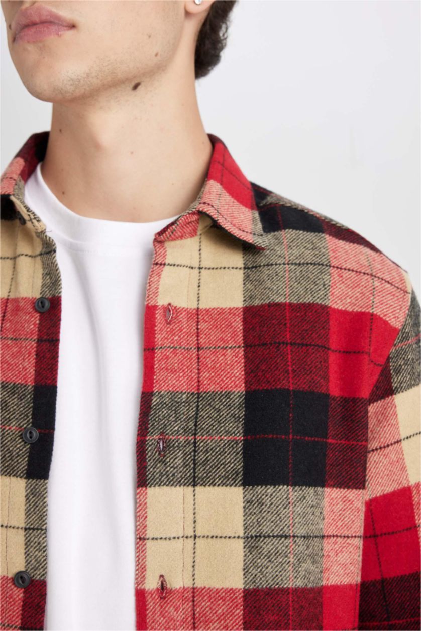 Erkek Bordo Regular Fit Polo Yaka Kareli Oduncu Flanel Uzun Kollu Gömlek