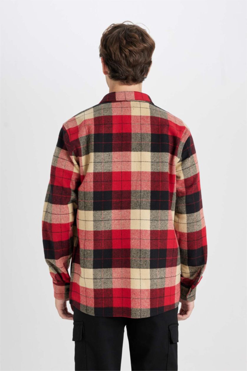 Erkek Bordo Regular Fit Polo Yaka Kareli Oduncu Flanel Uzun Kollu Gömlek