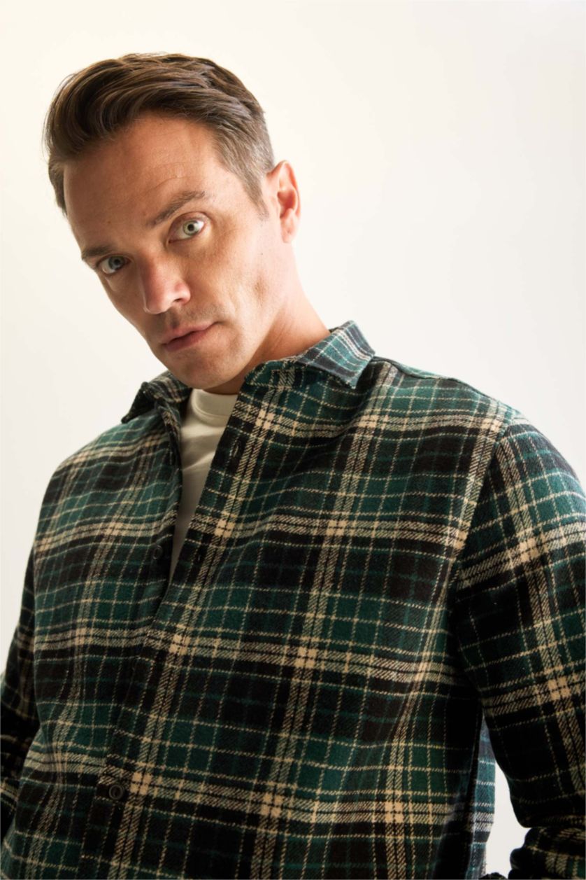 Erkek Koyu Yeşil Regular Fit Polo Yaka Kareli Oduncu Flanel Uzun Kollu Gömlek