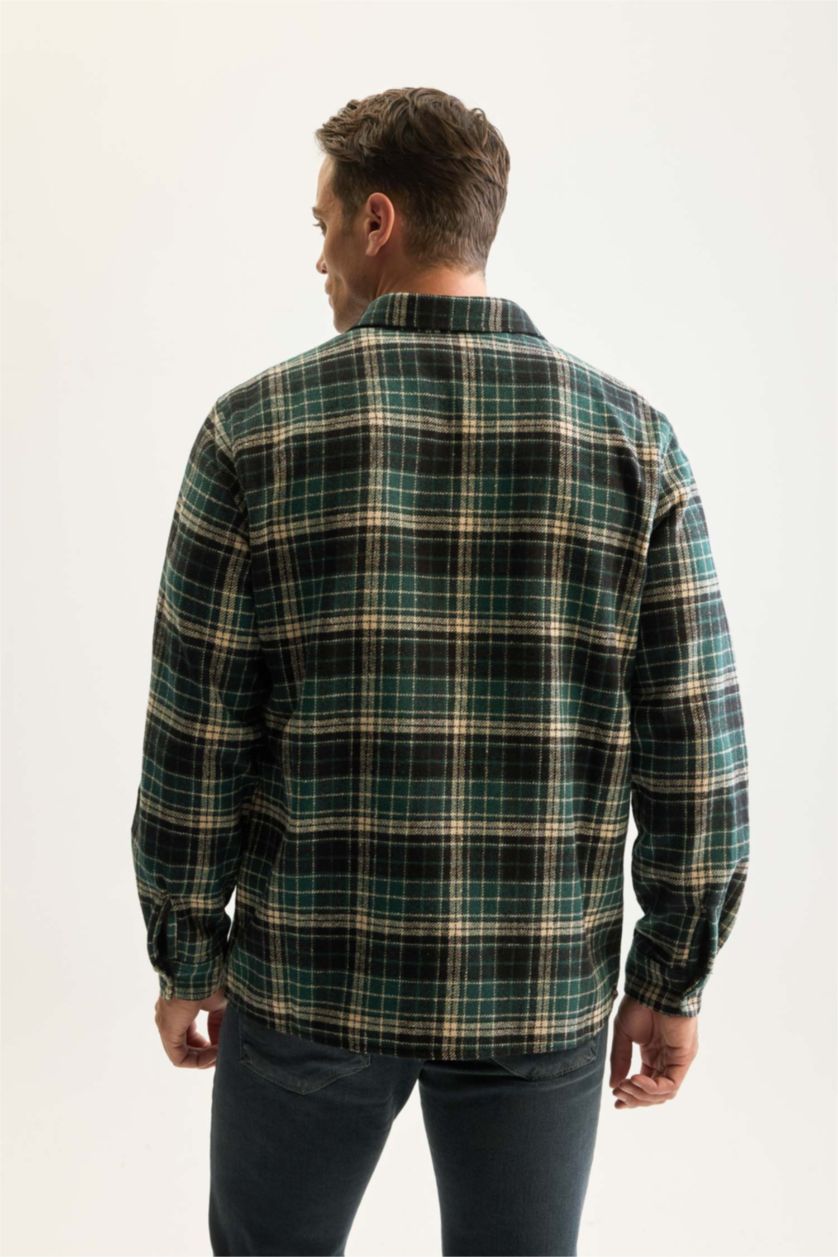 Erkek Koyu Yeşil Regular Fit Polo Yaka Kareli Oduncu Flanel Uzun Kollu Gömlek