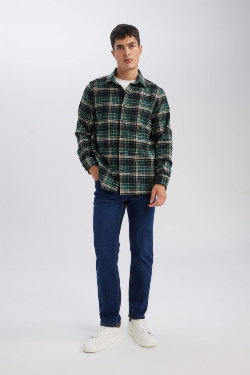 Erkek Koyu Yeşil Regular Fit Polo Yaka Kareli Oduncu Flanel Uzun Kollu Gömlek