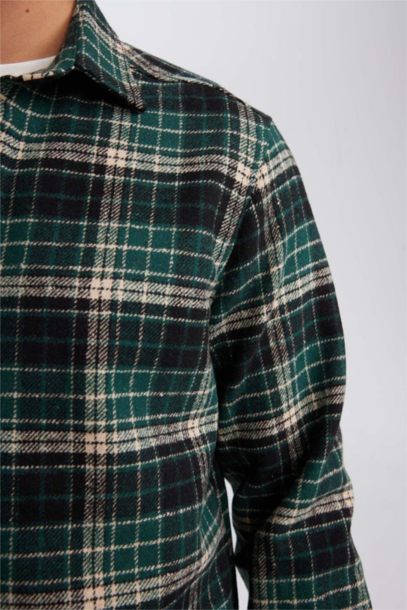 Erkek Koyu Yeşil Regular Fit Polo Yaka Kareli Oduncu Flanel Uzun Kollu Gömlek