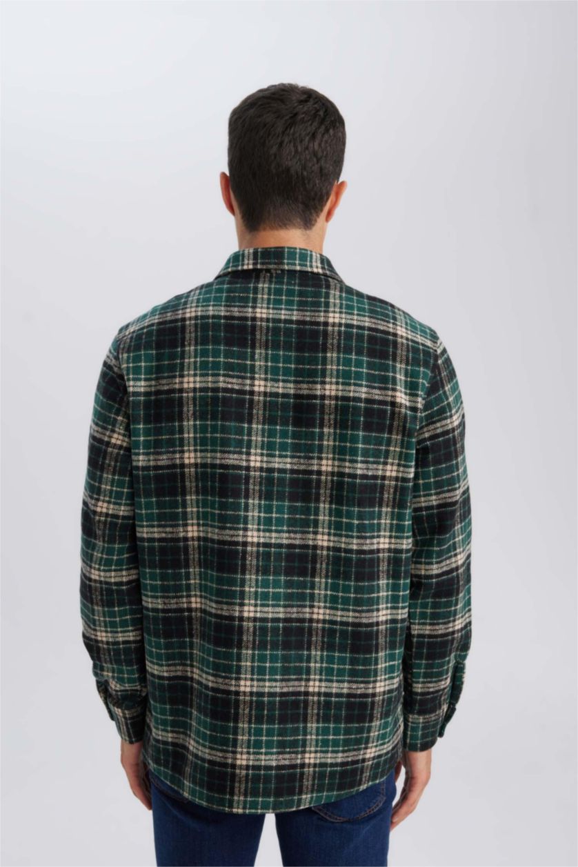 Erkek Koyu Yeşil Regular Fit Polo Yaka Kareli Oduncu Flanel Uzun Kollu Gömlek