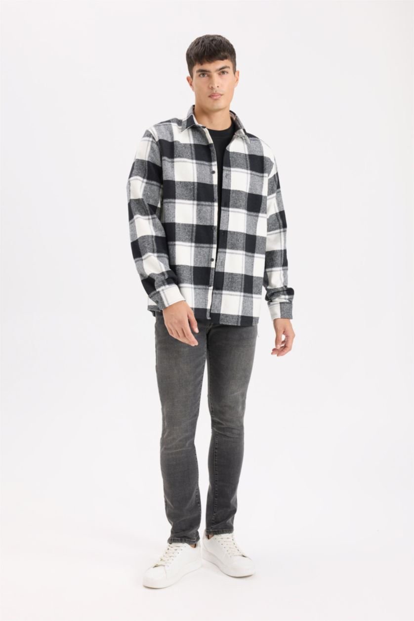 Erkek Kırık Beyaz Regular Fit Polo Yaka Kareli Oduncu Flanel Uzun Kollu Gömlek