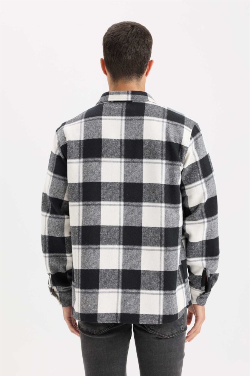 Erkek Kırık Beyaz Regular Fit Polo Yaka Kareli Oduncu Flanel Uzun Kollu Gömlek