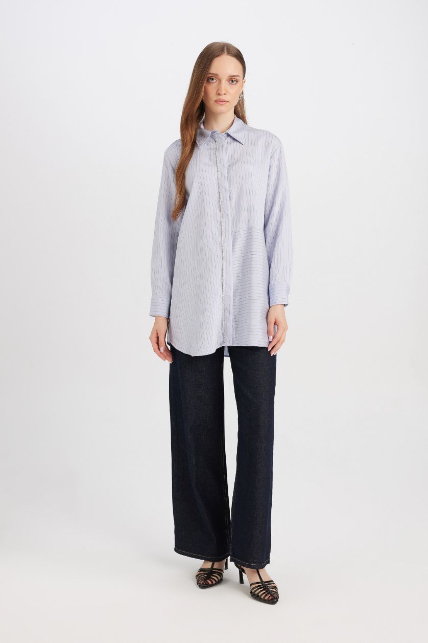 WOMAN Light Lilac Relax Fit Side Slit eeve Striped Shirt Tunic