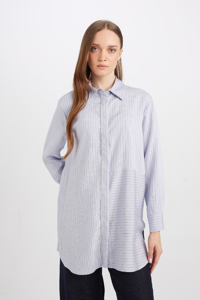 WOMAN Light Lilac Relax Fit Side Slit eeve Striped Shirt Tunic