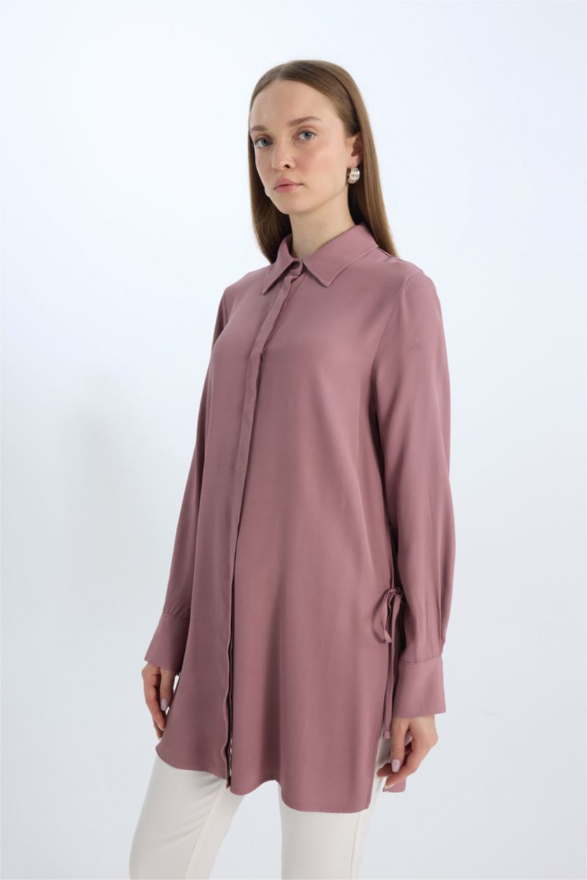 Kadın Gülkurusu Relax Fit Gömlek Yaka Yandan Bağlamalı Uzun Kollu Basic Düz Gömlek Tunik