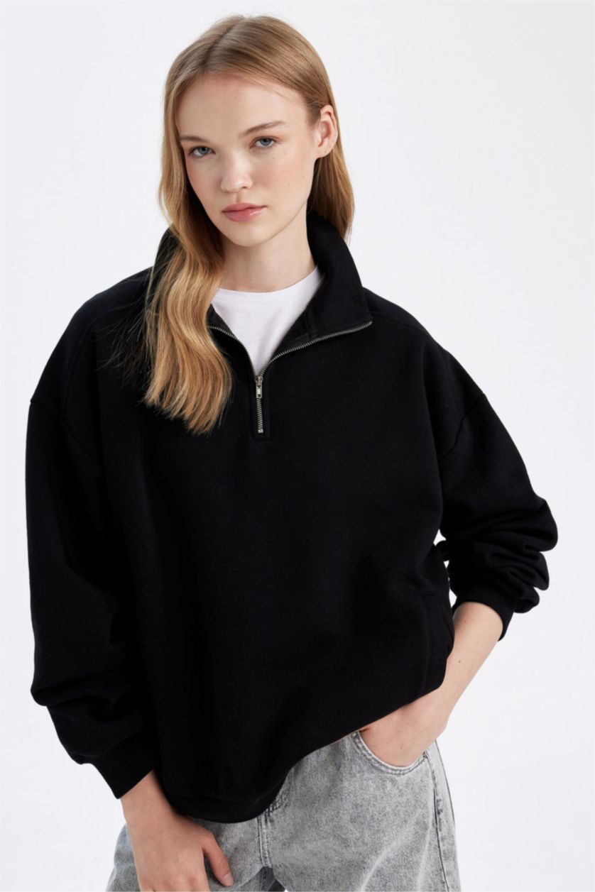 FEMME Noir Sweat-shirt Oversize en tissu épais basique noir à col montant zippé avec poches