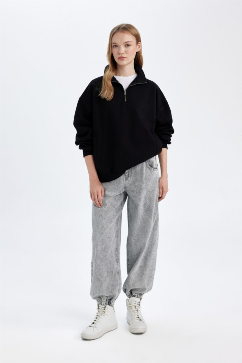 FEMME Noir Sweat-shirt Oversize en tissu épais basique noir à col montant zippé avec poches