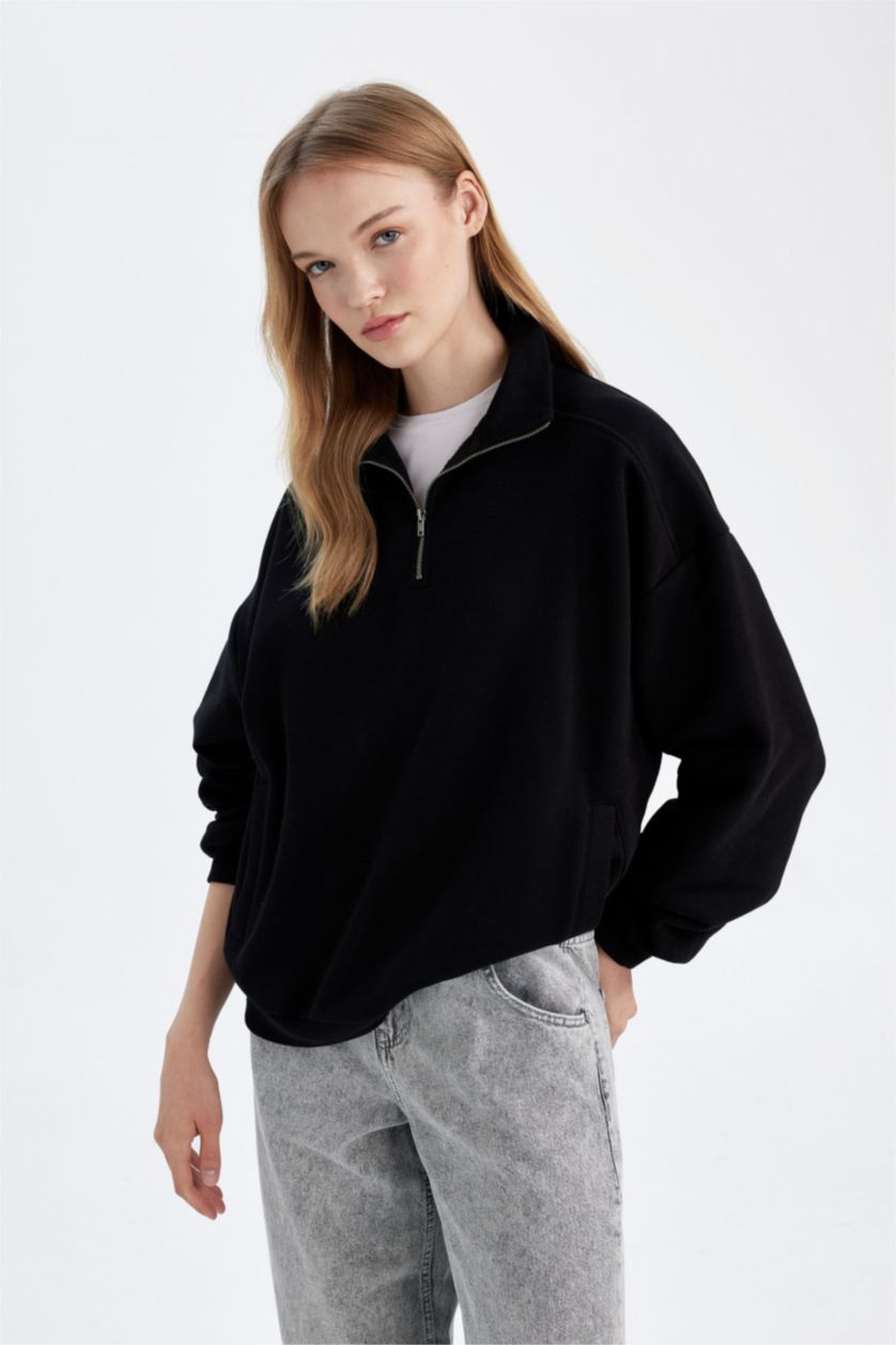 FEMME Noir Sweat-shirt Oversize en tissu épais basique noir à col montant zippé avec poches