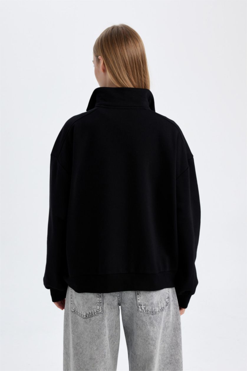 FEMME Noir Sweat-shirt Oversize en tissu épais basique noir à col montant zippé avec poches