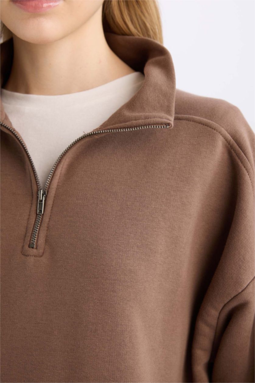Kadın Kahve Oversize Geniş Kalıp Fermuarlı Dik Yaka Cepli Basic Düz Kalın Sweatshirt