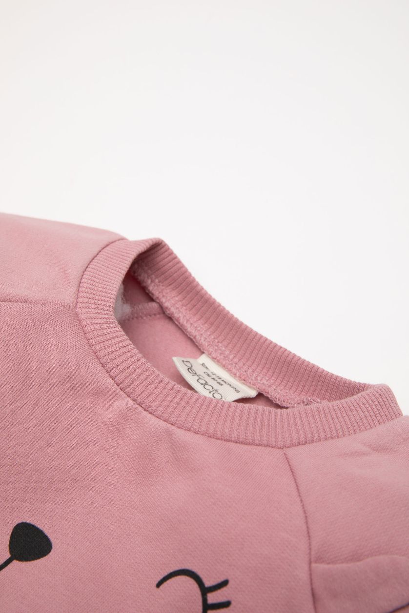 Kız Bebek Gülkurusu Bisiklet Yaka Baskılı İçi Yumuşak Tüylü Sweatshirt Kız Bebek