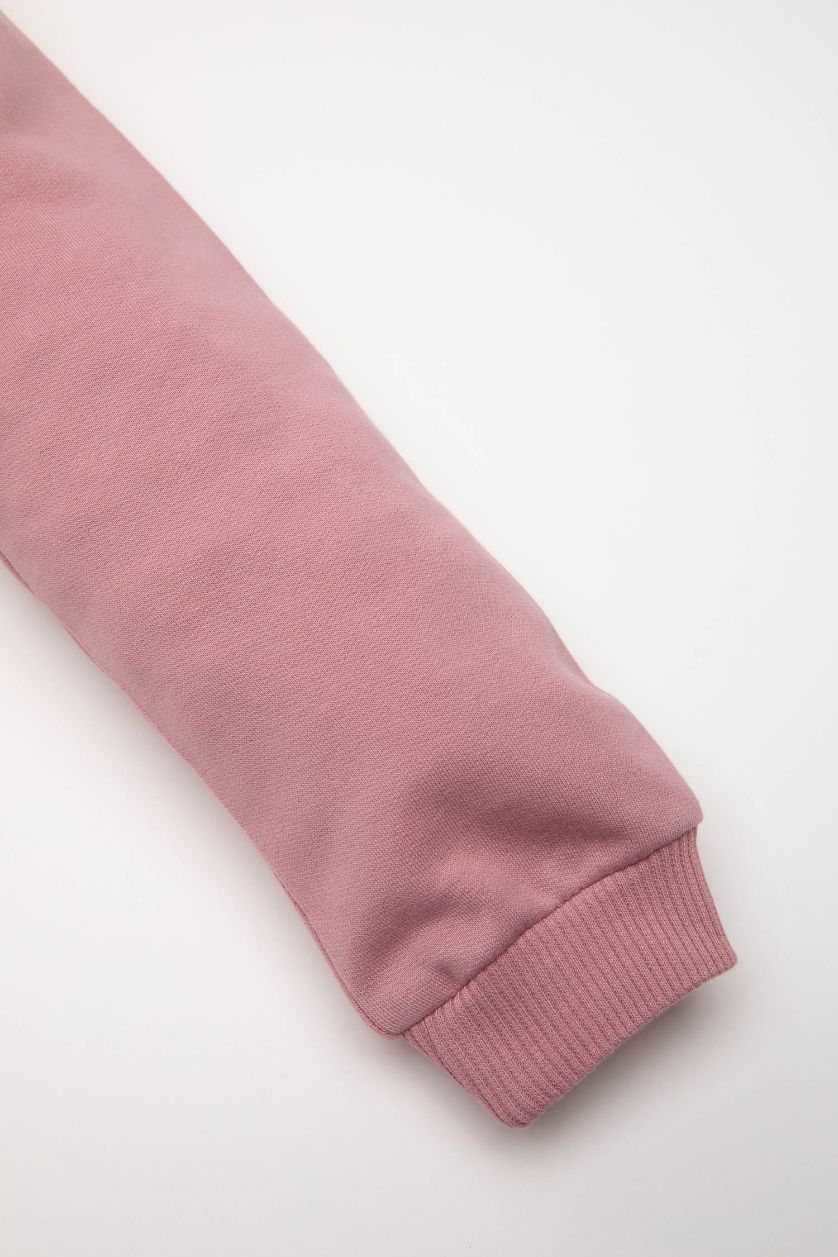 Kız Bebek Gülkurusu Bisiklet Yaka Baskılı İçi Yumuşak Tüylü Sweatshirt Kız Bebek