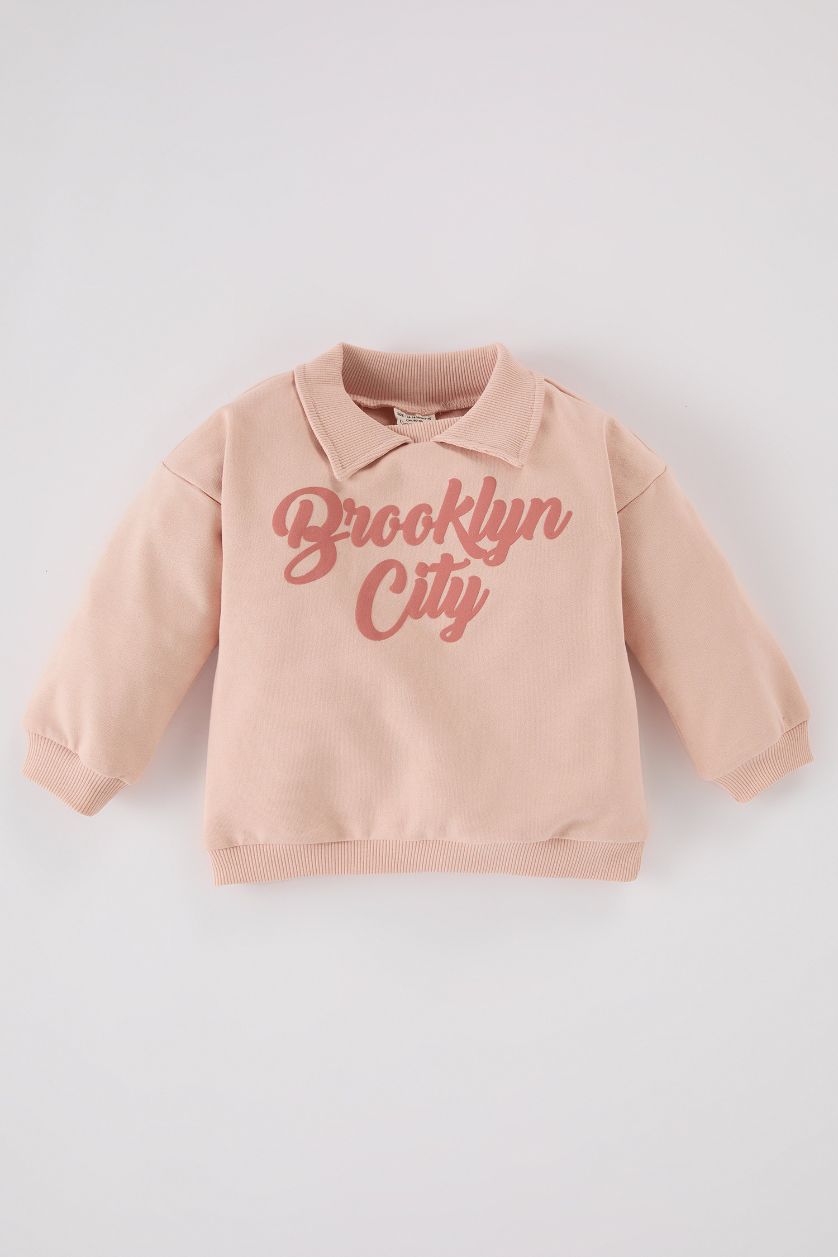 Kız Bebek Açık Pembe Gömlek Yaka Baskılı İçi Yumuşak Tüylü Sweatshirt Kız Bebek