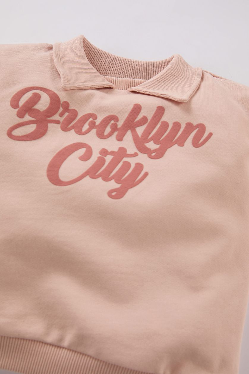 Kız Bebek Açık Pembe Gömlek Yaka Baskılı İçi Yumuşak Tüylü Sweatshirt Kız Bebek