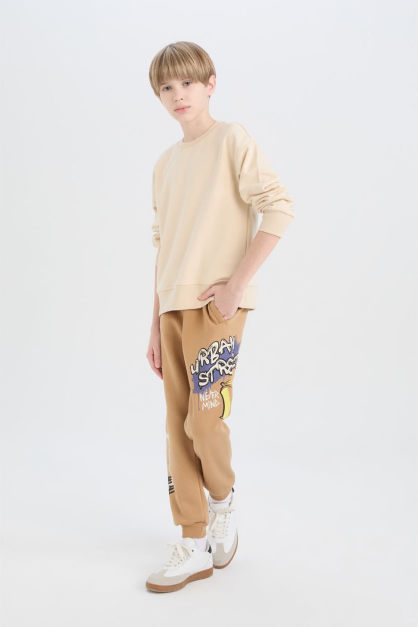 BOYS & TEENS Beige Boy Printed Elastic Waist Thick Sweatpants