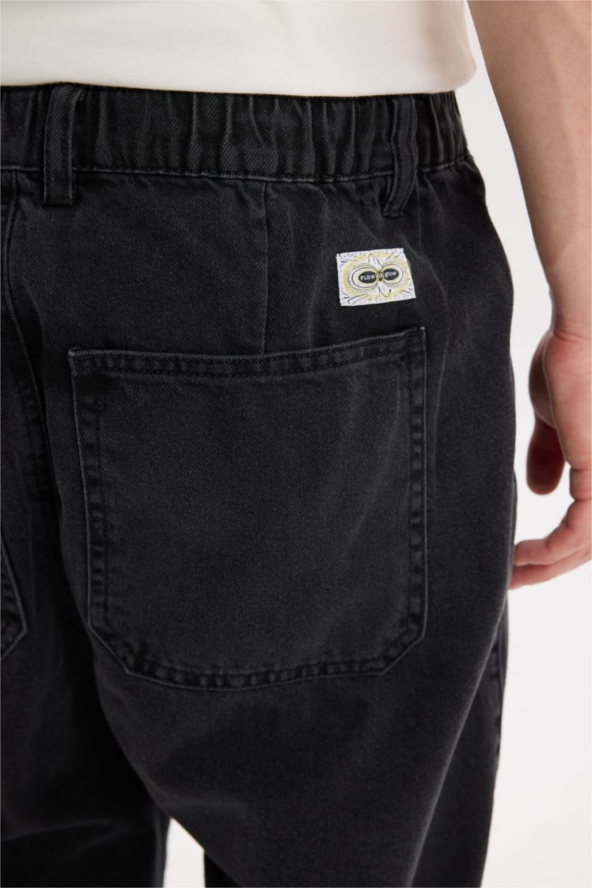 رجال أسود بنطلون جينز قصة مريحة فضفاضة برجل واسع وايد ليج