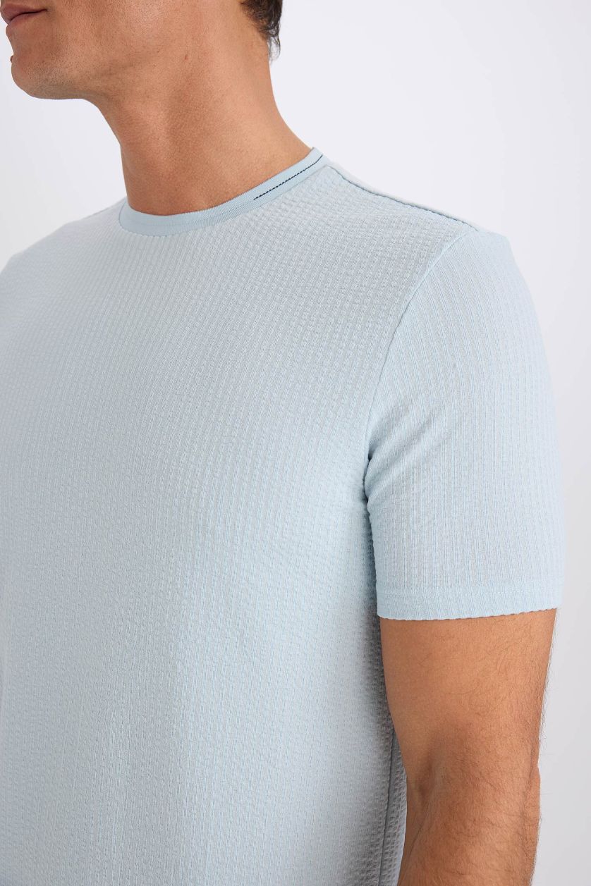 MAN Light Blue Slim Fit Crew Neck Crinkle Short Sleeve T-Shirt
