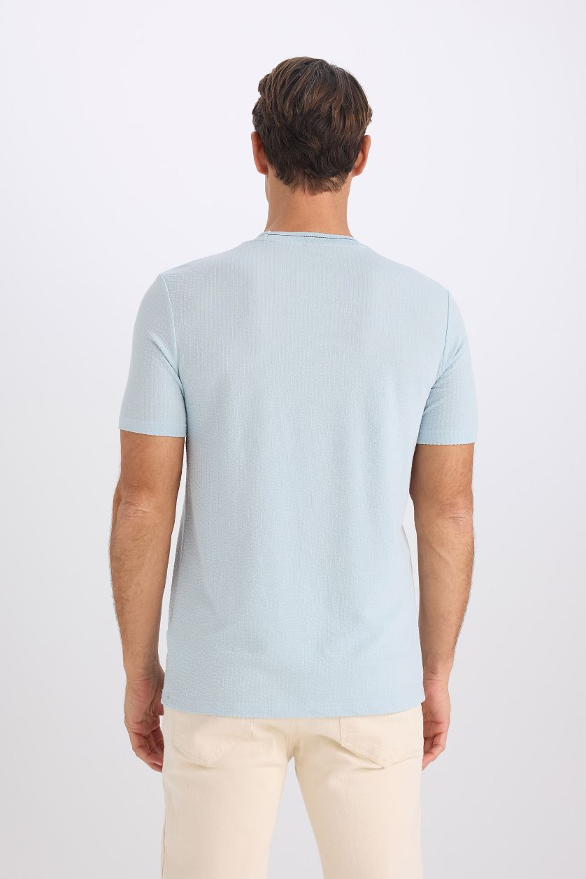 MAN Light Blue Slim Fit Crew Neck Crinkle Short Sleeve T-Shirt