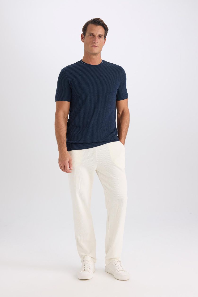 Erkek Lacivert Slım Fıt Bisiklet Yaka Krinkıl Kısa Kollu Tişört