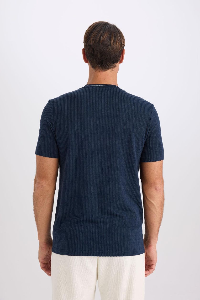Erkek Lacivert Slım Fıt Bisiklet Yaka Krinkıl Kısa Kollu Tişört