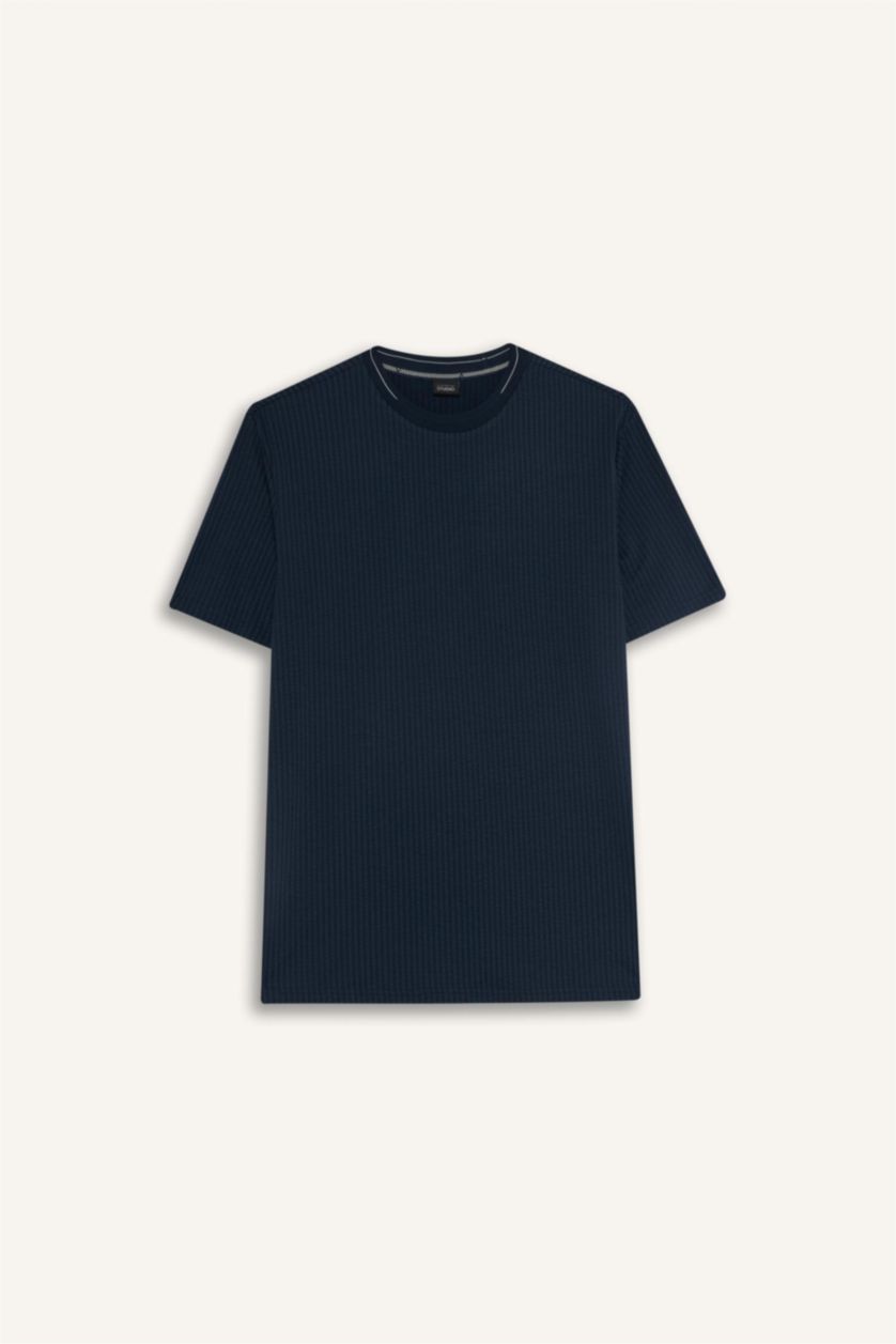 Erkek Lacivert Slım Fıt Bisiklet Yaka Krinkıl Kısa Kollu Tişört