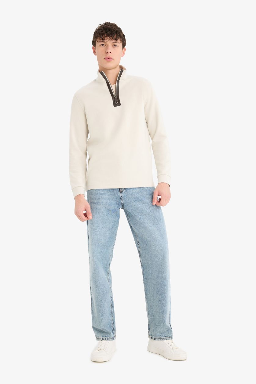 Erkek Taş Regular Fit Dik Yaka Yarım Fermuarlı Basic Düz Sweatshirt