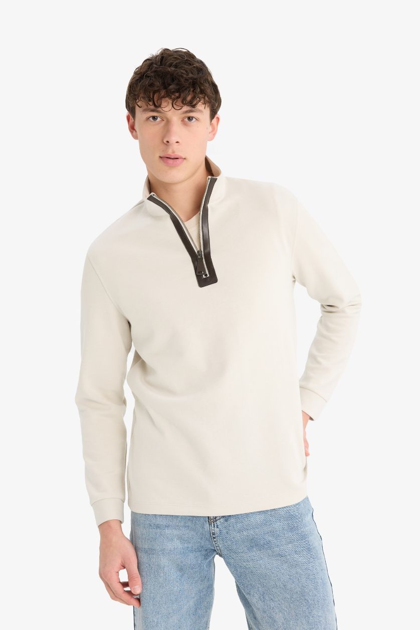 Erkek Taş Regular Fit Dik Yaka Yarım Fermuarlı Basic Düz Sweatshirt