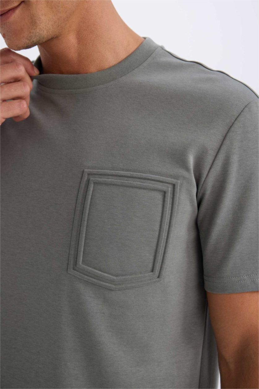 Erkek Haki Regular Fit Bisiklet Yaka Kısa Kollu Ağır Kumaş Tişört