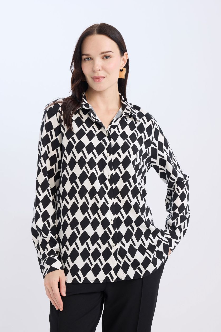 WOMAN Black Regular Fit Shirt Collar Long Sleeve Shirt