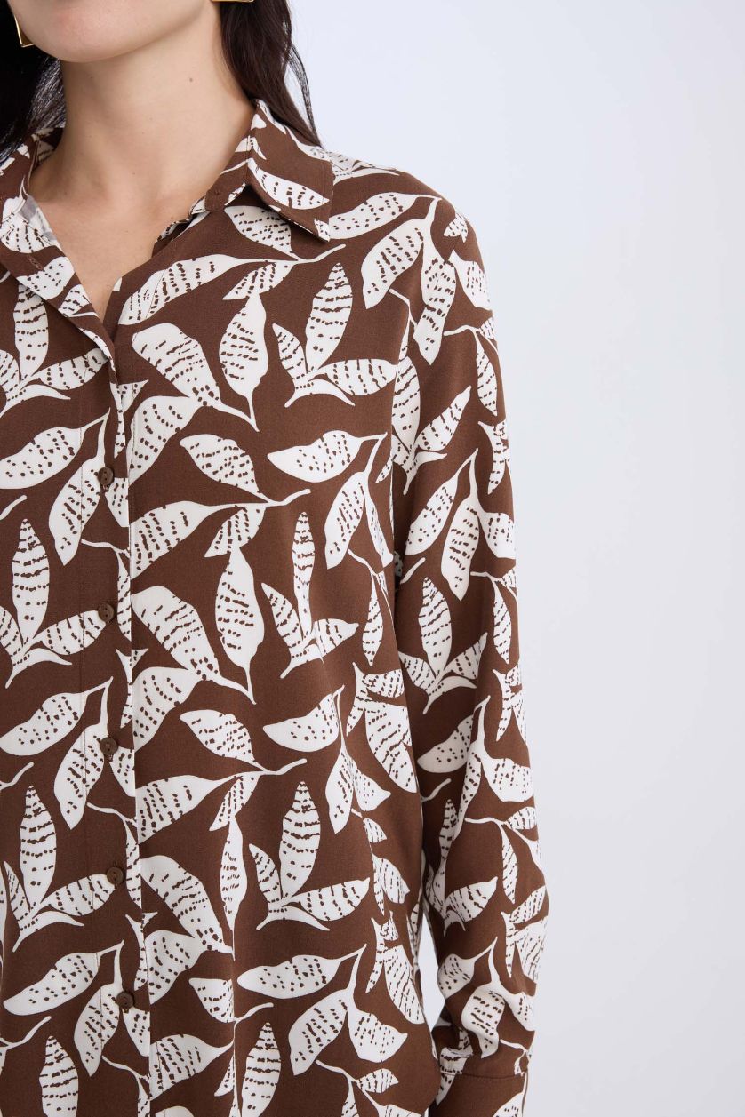 Kadın Kahve Regular Fit Desenli Uzun Kollu Gömlek
