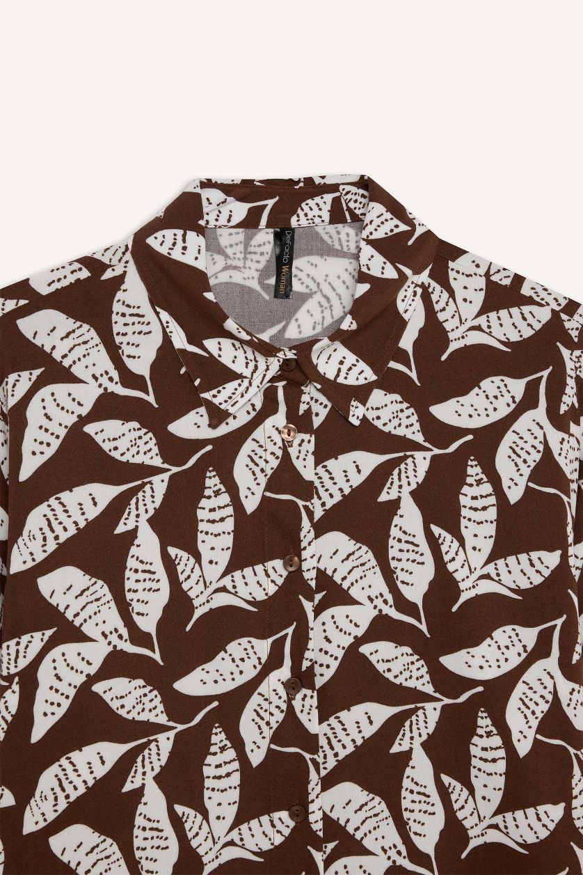 Kadın Kahve Regular Fit Desenli Uzun Kollu Gömlek