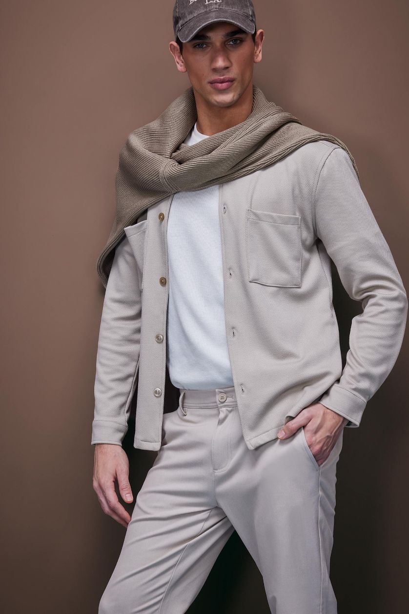 Erkek Bej Regular Fit Polo Yaka Gömlek Ceket