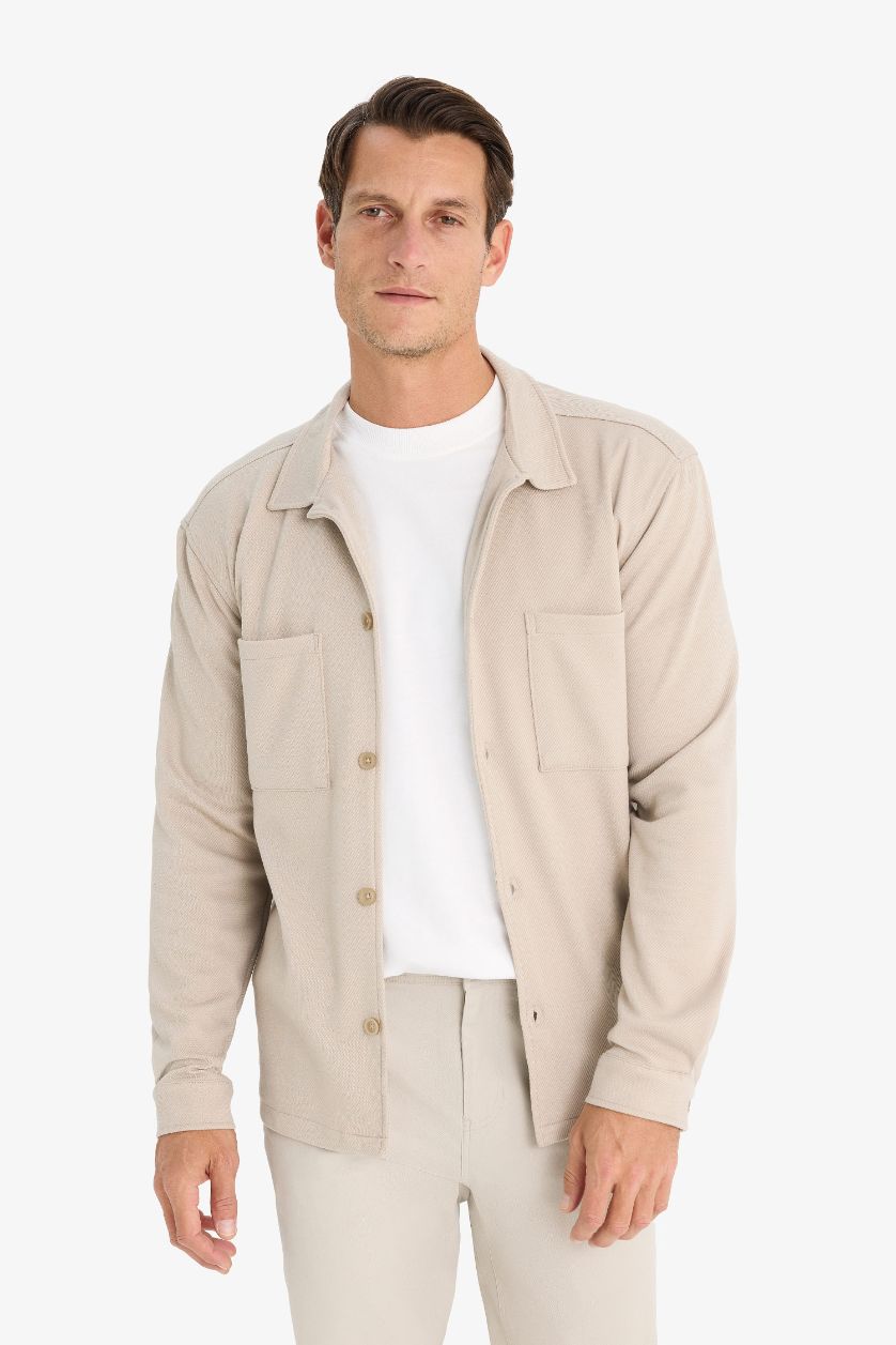 Erkek Bej Regular Fit Polo Yaka Gömlek Ceket