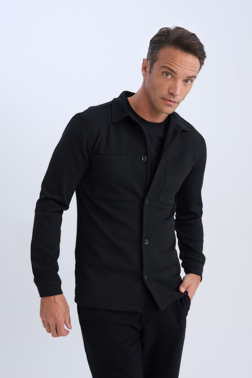 Erkek Siyah Regular Fit Polo Yaka Gömlek Ceket