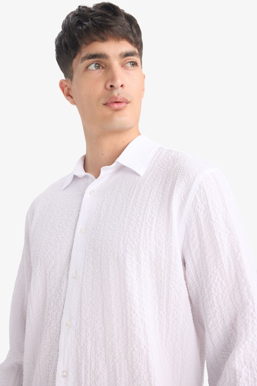 Erkek Beyaz Modern Fit Polo Yaka Dokulu Esnek Kumaş Uzun Kollu Gömlek